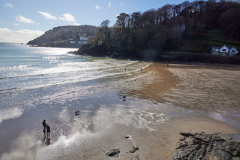 The image titled North Sands Sun (2) is a landscape photograph capturing Salcombe North Sands beach on the coast of Devon, England, in the United Kingdom. Taken in the early afternoon during winter, the photo shows a gently sloping shoreline where waves meet the sandy beach, and the sunlight creates reflections across the wet sand. People and dogs are walking and playing on the beach, highlighting the presence of animals and human activity in this coastal setting. In the background, wooded hills rise behind residential houses overlooking the beach, which is a well-known part of Salcombe North Sands. The composition demonstrates the scenic beauty of Devon's coastal landscape and its popularity among both residents and visitors.